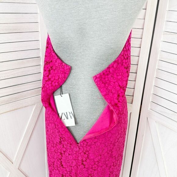 Zara Floral Lace Halter‎ Midi Sheath Dress Pink Medium Open Back - Picture 9 of 15
